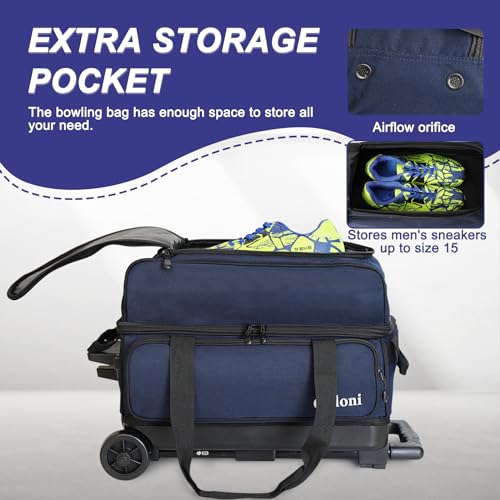 Goloni Double Roller 2 Ball Bowling Bag with Separate Shoe Compartment,2 Ball Bowling Bag with Wheels,Retractable Handle Extends to 40" - color: Dark Blue