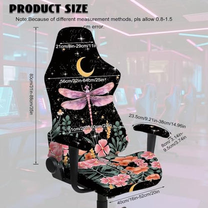 Suobstales Dragonfly Moon Flower Pattern Gaming Chair Cover with 2 Armrest Covers, Non Slip Game Chair Cover with Zipper, Dustproof Washable Gaming Chair Seat Cover, Set of 4 - color: Dragonfly Moon Flower
