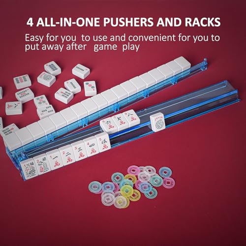 Jongyance American Mahjong Set with Blue Carrying Bag, 166 White Tiles, 4 All-in-One Rack/Pushers, Mahjong Tiles Set (Ma Jong, Mah-Jongg, Majiang) - color: Blue