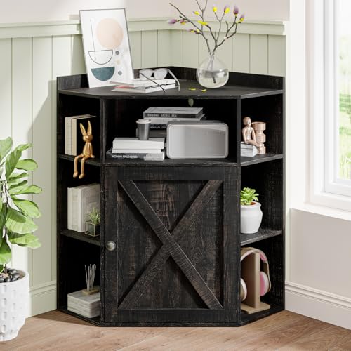 Vabches Corner Cabinet, Corner Storage Shelf with USB Ports and Outlets Industrial Organizer for Small Space Wooden 6-Cubby Bookshelf for Study, Playroom, Living Room (Dark Rustic Oak) - color: Dark Rustic Oak