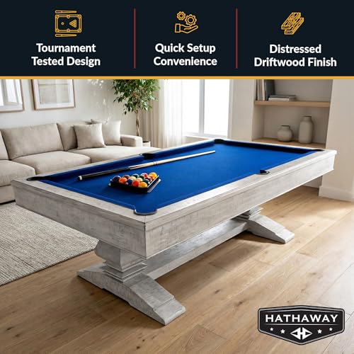 Hathaway Montecito 8ft Pool Table for Game Room – Billiard Table with Poly-Coated Non-Slate Playfield, Drop Pockets, Leg Levelers – Includes Cues, Pool Balls, Chalk, Triangle, Brush – Driftwood Finish