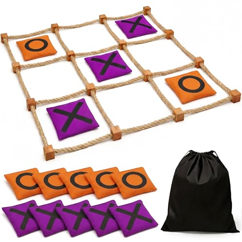 Gamie Giant Tic Tac Toe Game Outdoor - 3 x 3 Feet - Includes Rope Grid, 10 Bean Bag Play Pieces, and 1 Drawstring Carry Bag - Large Yard Games - Outdoor Game for Patio, Picnic, Camping