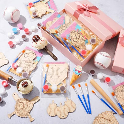 Saypacck 24 Pcs Ice Cream Drip Baseball Party Favors Wooden Painting Craft Kits Birthday Party Supplies with Organza Bag for Goodie Bags Fillers Adult Thank You Gifts - style: Ice Cream Drip Baseball