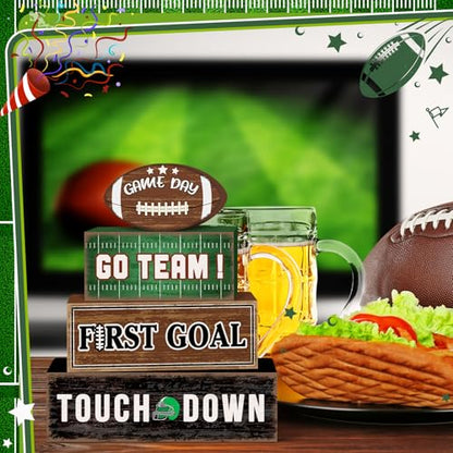 Britimes 4 Pcs Game Day Football Tiered Tray Decorations Set Touchdown Stack Block Signs Go Team First Goal Rustic Tabletop Decor for Table & Home Office (Game Day)