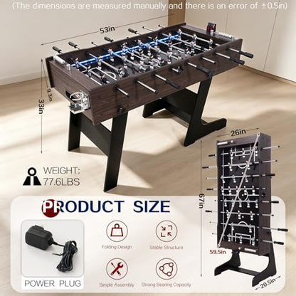 RAYKEEP 53" Folding Foosball Table with LED Lights, Full Size Indoor Soccer Game with Electronic Scoreboard for Adults & Kids, Home, Game Room, or Office – Includes 2 Balls & 2 Cup Holders