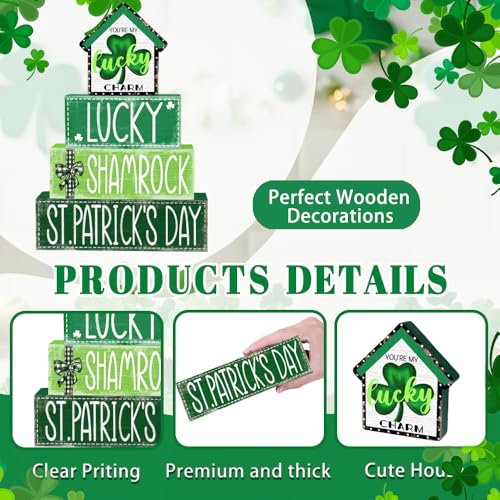 DIYDEC 4Pcs St.Patrick's Day Table Decoration Shamrocks House Wooden Block Signs Rustic St. Patrick Tiered Tray Decor Happy St.Patrick's Day Centerpiece Sign for Farmhouse Holiday Tabletop Party Decor - style: St.Patrick's Day House