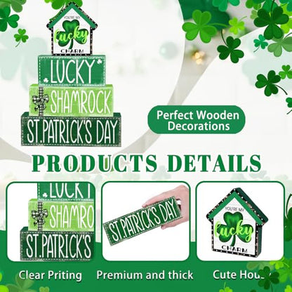 DIYDEC 4Pcs St.Patrick's Day Table Decoration Shamrocks House Wooden Block Signs Rustic St. Patrick Tiered Tray Decor Happy St.Patrick's Day Centerpiece Sign for Farmhouse Holiday Tabletop Party Decor - style: St.Patrick's Day House