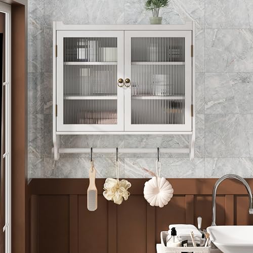 Retro Style Haze Double Glass Door Wood Wall Cabinet with Detachable Shelves for Office, Dining Room,Living Room, Kitchen and Bathroom White Washed - color: White Washed