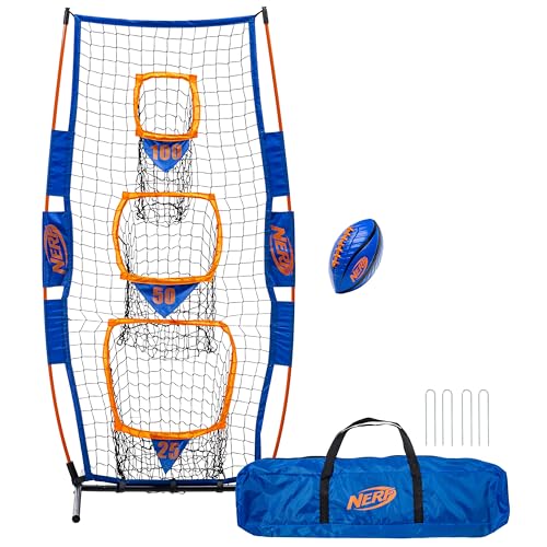 NERF Pro Pass Football Target Toss Net - Kids Football Passing Game Set - 5' x 2' Target Net with Ground Stakes + (1) Junior 8.5" Inch Ball Included - Indoor + Outdoor Youth Game