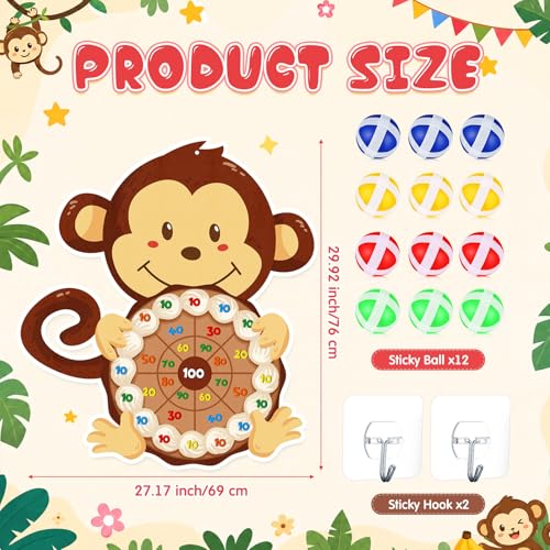 Seenelling Monkey Party Games 30 x 27 Monkey Dart Board with 12 Sticky Balls Toys Jungle Animal Games for Boys Kids Family Theme Birthday Zoo Forest Party Supplies Decorations Favors - size: 30 x 27", style: Monkey