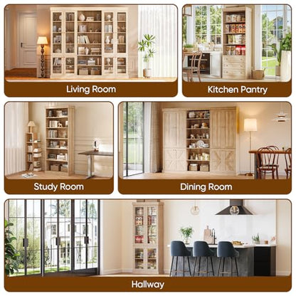 Vyre 70.8" Tall Brown Bookshelf with Glass Doors, Farmhouse Modular Bookcase with 6-Tier Adjustable Shelves, Large Storage Cabinet for Home Office, Living Room, Set of 2 - color: Brown