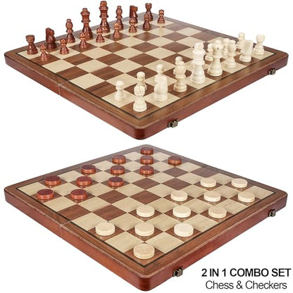 2 in 1 Wooden Chess and Checkers Set - Folding Magnetic Chess Board with Storage Slots, Chess Pieces, Portable Travel Chess Set for Adults & Kids, Includes Carry Bag