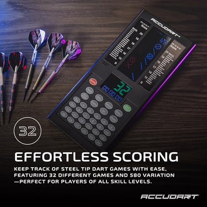 Accudart Cybermatch 2000 Electronic Dart Scorer – 32 Games with 580 Variations, 5 Skill Level Computer Opponents, 8-Player X/O Cricket Scoring Display – Battery Operated for Steel Tip Darts