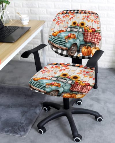 Savannan Office Chair Cover, Farm Truck Pumpkin Sunflower Protective Stretch Elastic Universal Cover for Desk Task Chair,Computer Rotating Chair 1 Pcs Fall Leaves on Wood Grain