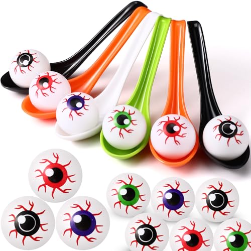 Liliful 48 Pcs Halloween Egg and Spoon Race Game Set Eyeball Spoon Race Game for Halloween Outdoor Fun Games Party Favor Supplies Indoor Activities(Black, Purple, Red, Green) - color: Black, Purple, Red, Green