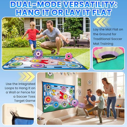 Soccer Training Mat, Soccer Kick Trainer with 2 Soft Soccer Ball Indoor Outdoor Sticky Soccer Ball Game Toss Soccer Target Game Great Gifts for Boys Girls
