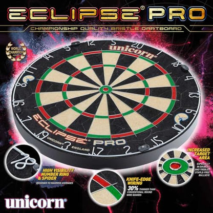 Unicorn Eclipse Pro & Ultra Championship Edition Bristle Steel Tip Dartboards - Ultra-Slim Wire, Staple-Free Bullseye-Increased Target Area, Premium Self-Healing Sisal, High-Vis Rotatable Number Ring