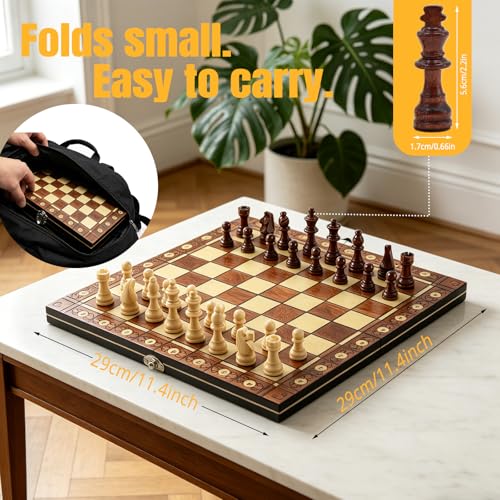 3-in-1 Chess Set Include Chess Checkers Backgammon 11 inch Wooden Board Game Set with Foldable Portable Case for Adults Travel Outdoor