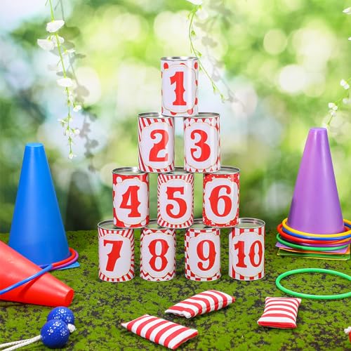 29 Pcs 4 in 1 Carnival Games Set: Bean Bags, Plastic Cones, Carnival Cans, Rings for Adults, Teens, Indoor & Outdoor Games