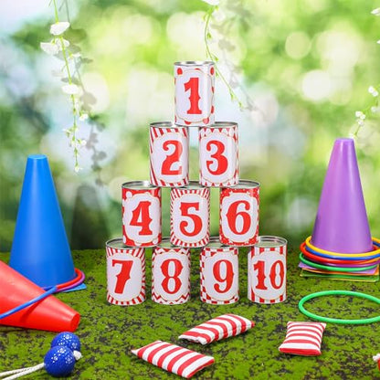 29 Pcs 4 in 1 Carnival Games Set: Bean Bags, Plastic Cones, Carnival Cans, Rings for Adults, Teens, Indoor & Outdoor Games