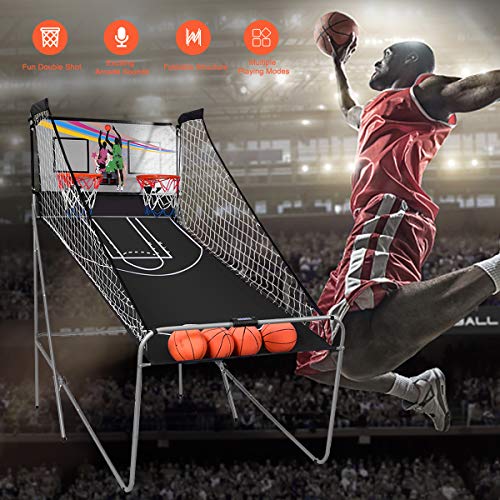 GYMAX Arcade Basketball Game Indoor Foldable with 8 Game Modes, Arcade Sound, 4 Balls and Inflation Pump, Electronic Basketball Games for All Ages Home - color: Silver