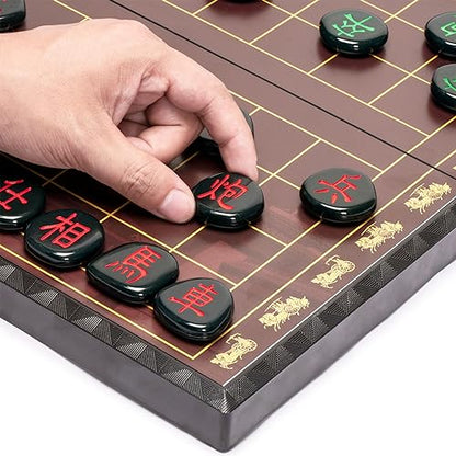 Yellow Mountain Imports Large Chinese Chess (Xiangqi) Magnetic Travel Board Game Set (14.6-inch) with Black Playing Pieces - size: 14.6"