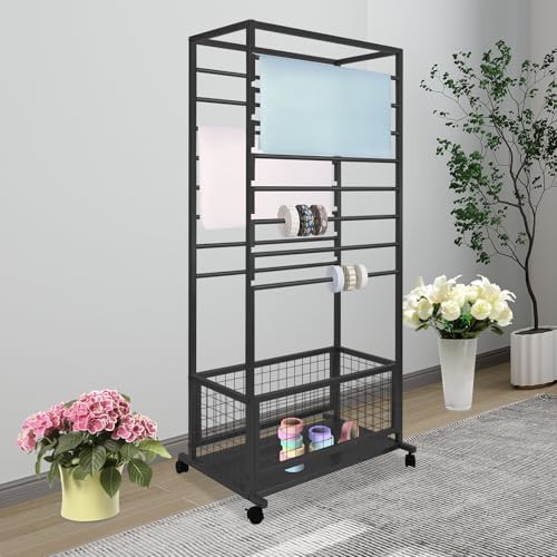 JenyunTech Ribbon Organizer, Large Capacity Wrapping Paper Organizer, Double-Sided Ribbon Holder, Multifunctional Ribbon Rack with Wheels for Packaging Paper, Scarves, Fabrics - color: 26in, Black