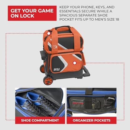 BSI Dash Roller Bowling Bag with Smooth Rolling Wheels, Padded Ball Compartment, Retractable Locking Handle, & Shoe Pocket - color: Black/Orange/White, style: Single