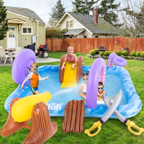 Inflatable Play Center, Inflatable Octopus Spray Pool with Base Pool, Slide, Wooden Block, Octopus Blow up Water Slides for Kids Adults Outdoor Backyard - size: 84"