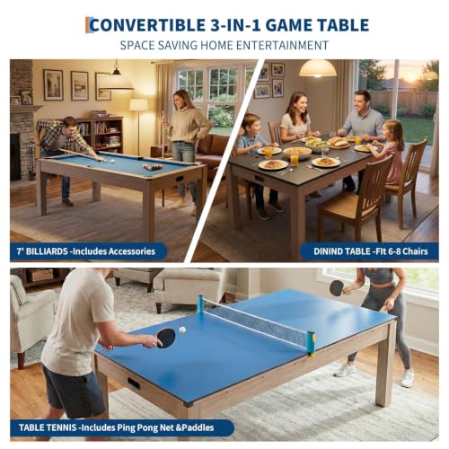 Garvee 7FT 3 in 1 Pool Table with Dining & Table Tennis Top, Multi-Game Table with Accessories (Balls, Cues, Ping Pong),Convertible Billiards and Table Tennis,HDF Wood Grain Finish & Chrome Accents - color: Blue