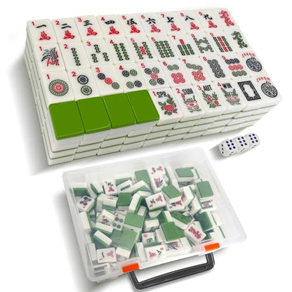 166 American Mahjong Tiles Only with Portable Carrying Storage Box & 3 Dice, 1.2" Mahjong Set for Party, Play with Friends Family (Green) - color: Green