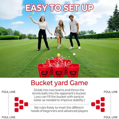 Yard Pong Outdoor Games, Giant Yard Games Set with 12 Buckets and Balls for Adults and Family, Toss Game Throwing Games for Beach, Camping, Lawn and Backyard - color: red