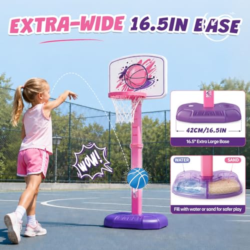 YESHIN Toddler Basketball Hoop Adjustable Height 30-55 Inch with 4 Balls, Large Stable Water-Fill Base, Indoor Outdoor Poolside Kids Basketball Goal for Boys Girls Ages 1-8 Birthday Gift -Pink - color: Pink