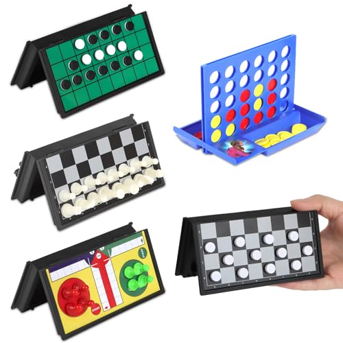 5 in 1 Mini Travel Games Set with 4 Foldable Chess Boards and 5 Sets of Chess Pieces - Magnetic Checkers, Chess,Ludo, Reversi, 4 in a Row Game & Storage Bag, Mini Games for Road Trip, Camping,Party