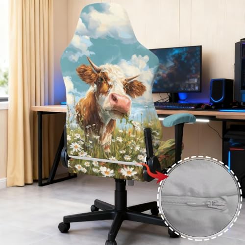 Suobstales Cow Daisy Flower Pattern Gaming Chair Cover Set, Stretchable Game Chair Slipcovers with 2 Armrest Covers, Scratch-Proof Gamer Desk Chair Covers for Computer Office Seat - color: Cow Daisy Flower
