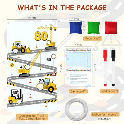 Construction Birthday Party Supplies Bean Bag Toss Game for Adults, Washable Heavy Duty Outdoor Indoor Excavator Throwing Theme Party Game Banner with 3 Bean Bags and 19.6ft String.