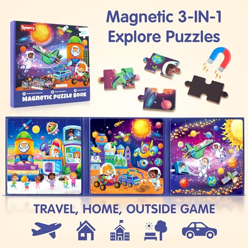 SYNARRY Magnetic Puzzles for Toddlers 3-5, Space Planets Solar System Travel Puzzles for Kids Ages 4-6, Easter Basket Stuffers Gifts for Kids, Car Airplane Road Trip Activities Magnet Games Toy - style: Space