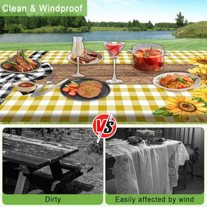 Picnic Table Cover with Bench Covers, Sunflower Buffalo Plaid Farmhouse Wood Waterproof Elastic Fitted Tablecloths Outdoor Camping Essentials, with Drawstring Bag, 60in, Yellow - color: Yellow, size: 30X60inch