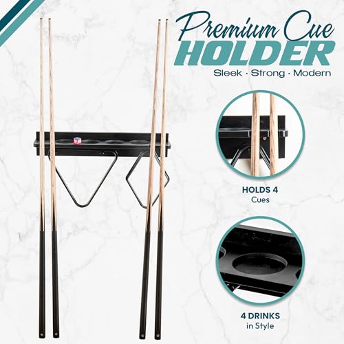 Pool Stick Holder Wall Mount - 4 Pool Cue Rack with Accessories Shelf and 4 Drink Holders - Bamboo Billiard Cue Rack for Game Room or Bar - Black - 5.1 x 23.2 x 4.3 Inches