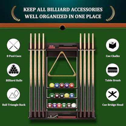 Wall Mounted Pool Cue Rack, Bamboo Billiards Sticks Holder for 8 Cue Sticks, Organizes Full Set of Balls and Pool Table Accessories, Dark Brown - color: Dark Brown