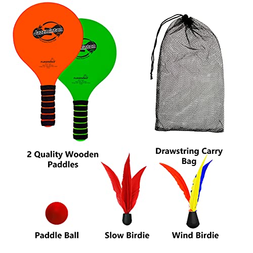 Jazzminton Paddle Ball Game Beach for Family and Friends - 2 Paddles, 2 Birdies, 1 Ball and Carry Bag – Wind Birdie Included for Windy Days