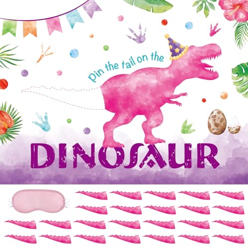 WERNNSAI Pin The Tail on The Dinosaur Game - Girl Dinosaur Party Decorations, 28" x 21" Dino Birthday Games for Kids, Includes Poster, Blindfold, 24 Pink Tails, 20 Dot Stickers - style: Dinosaur F