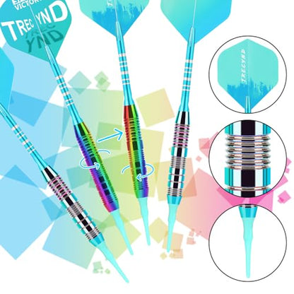 Soft Tip Darts Set 3 Aluminum Shaft Professional Darts Plastic Tip Sets 2BA Replacement Tips + Extra 3 Dart Flights 3 Replace Plastic Shafts for Electronic Dart Board - color: GREEN-BLUE