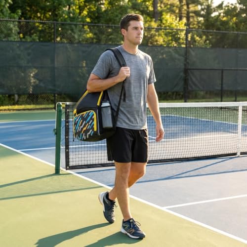 Pickleball Sling Bag with Shoe Compartment - Crossbody Backpack Fits 2 Paddles, 32oz Bottle & Fence Hook, Sports Bag for Men & Women (Shoe Limit: up to US Men's 10 / Women's 11.5) - color: Grey/Yellow