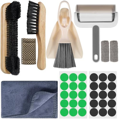 Billiard Pool Table Brushe Kit: 10 Piece Set with 2 Pool Table Brushes,2 Ferrule Polish Cloths,2 Cue Polish and Cleaning Cloths,Lint Roller,Dustpan and Broom,15 Marker Dots,15 Felt Repair Patches