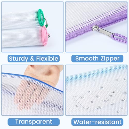 Sooez 20 Pack Mesh Zipper Pouch Bags, A4 Letter Size, Zipper Bags with Label Pocket, Waterproof Bag for Classroom Organizer, School Office Teacher Supplies, Storage Pouches for Board Game Toy Storage - style: 20 Pack