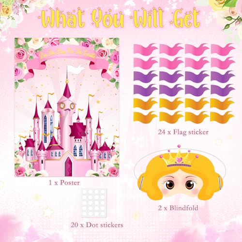 Faccito Princess Party Games Pin The Flag on The Castle Birthday Pin Games Set Include Pink Castle Poster 24 Flag Stickers 2 Blindfolds for Princess Birthday Tea Party Decorations Activities Supplies - style: Princess