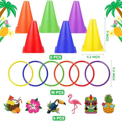 Hawaii Ring Toss Game Set, Luau Party Tossing Game with 6 Plastic Cones, 18 Colorful Rings, Beach Lawn Games for Kids Adults, Hawaiian Tiki Party Supplies Indoor Outdoor Family Activities (Hawaii)