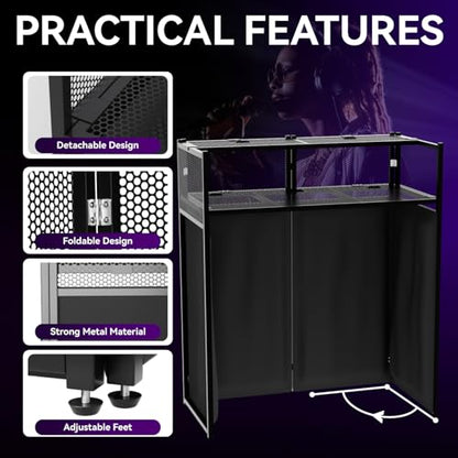 Portable DJ Booth Table,Foldable DJ Table Stand with White & Black Scrim,Adjustable DJ Facade Booth Station Metal Frame with Cable Hole for Private Events, Clubs, Bars (40x20 Double Deck) - size: 40x20 Double Deck