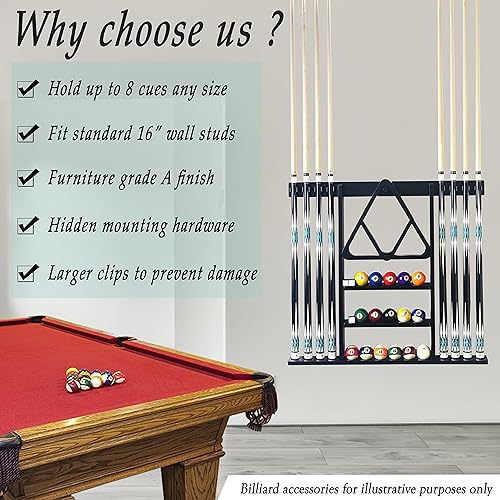 Wall Mount Pool Cue Stick Holder, Black Solid Wood Rack for 8 Cues - color: Black